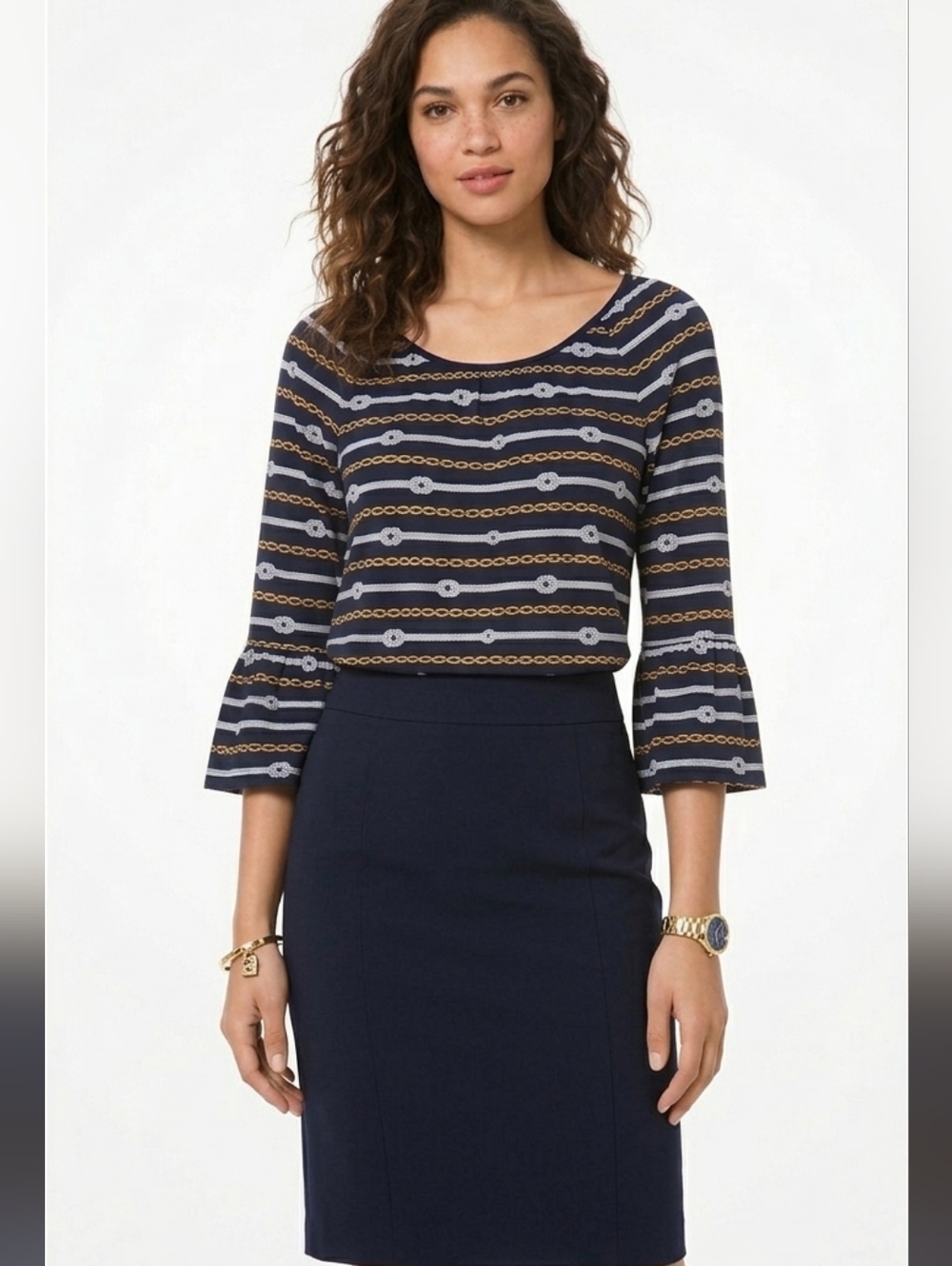 Michael Kors Nautical Navy Gold Chain Rope Bell Sleeve Peasant Top L